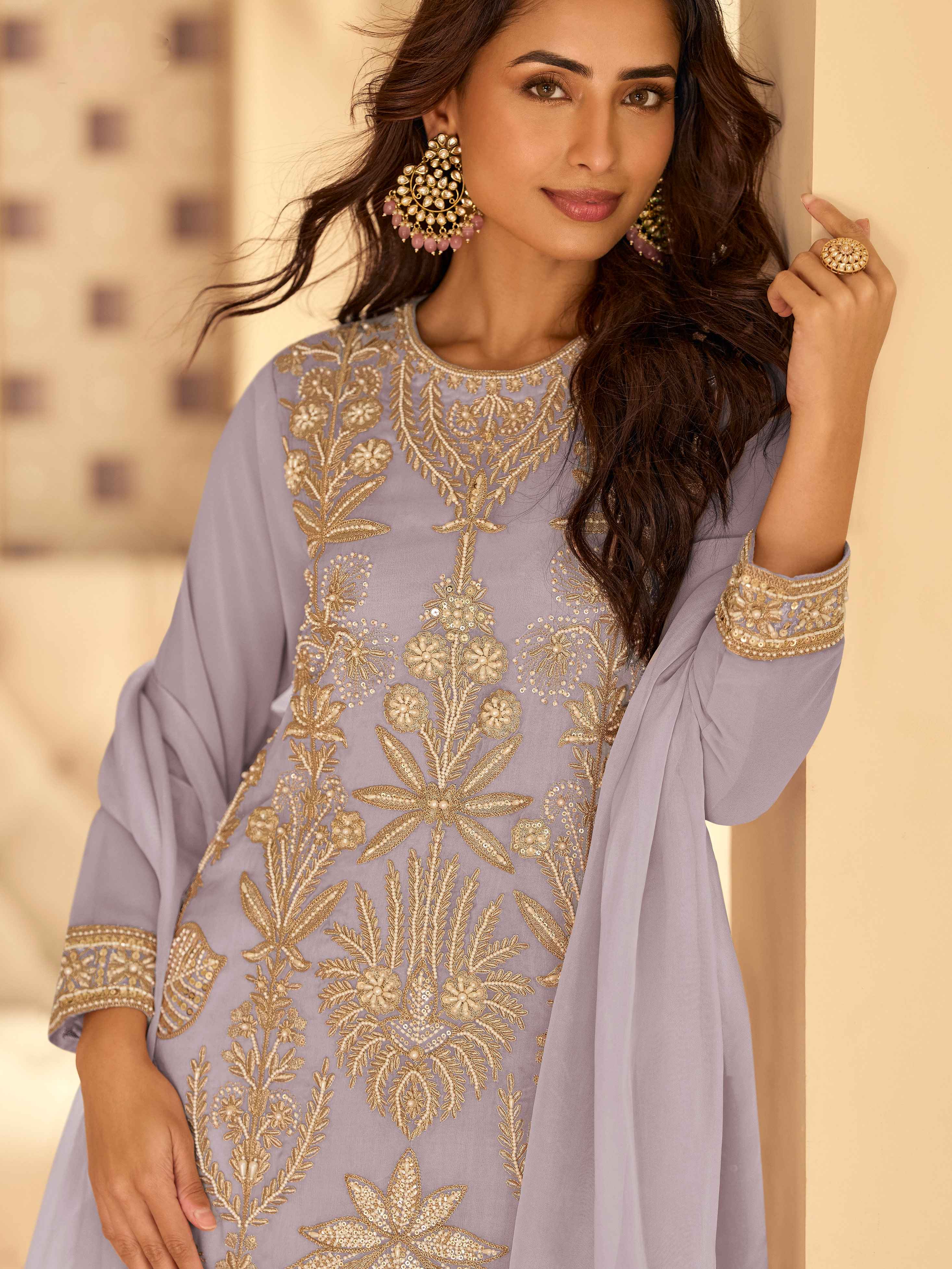 Designer Georgette Embroidered Kurti Palazzo Suit with Dupatta