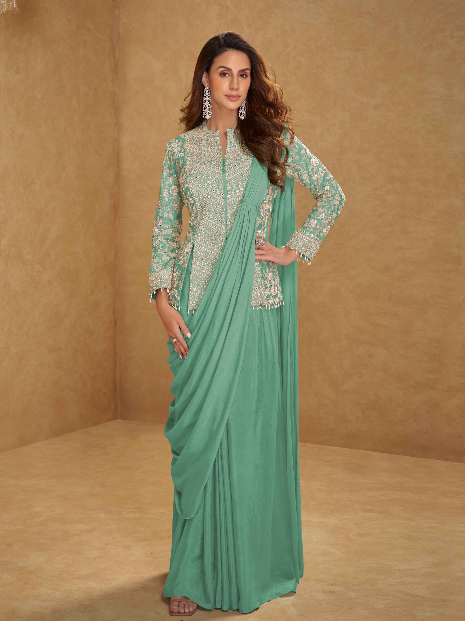 Designer Chinon Ready to Wear Jacket Style Saree