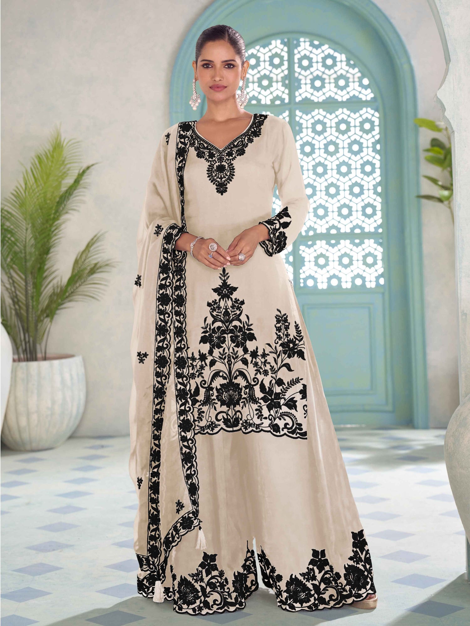 Designer Chinon Embroidered Kurti Palazzo Suit with Dupatta