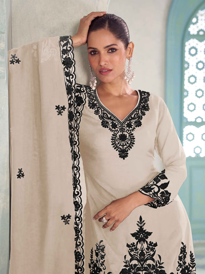 Designer Chinon Embroidered Kurti Palazzo Suit with Dupatta