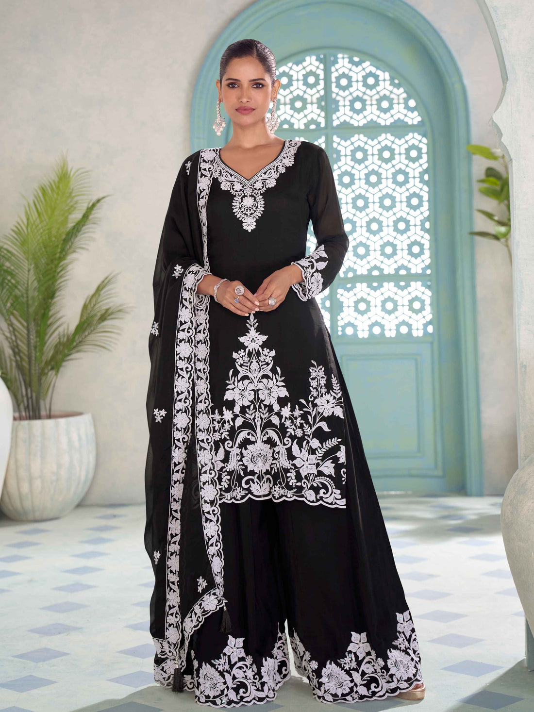 Designer Chinon Embroidered Kurti Palazzo Suit with Dupatta