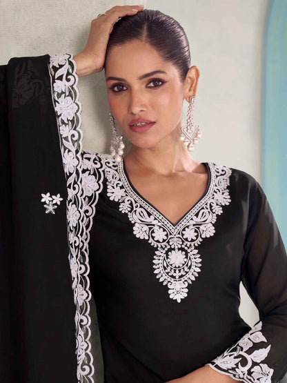 Designer Chinon Embroidered Kurti Palazzo Suit with Dupatta