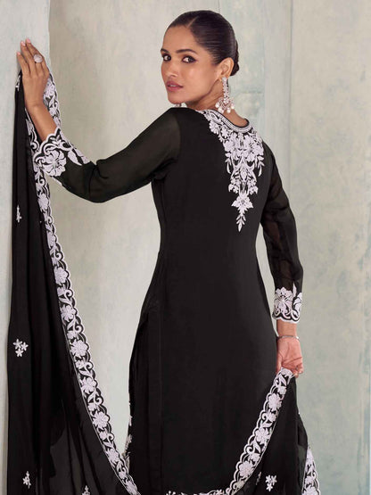 Designer Chinon Embroidered Kurti Palazzo Suit with Dupatta