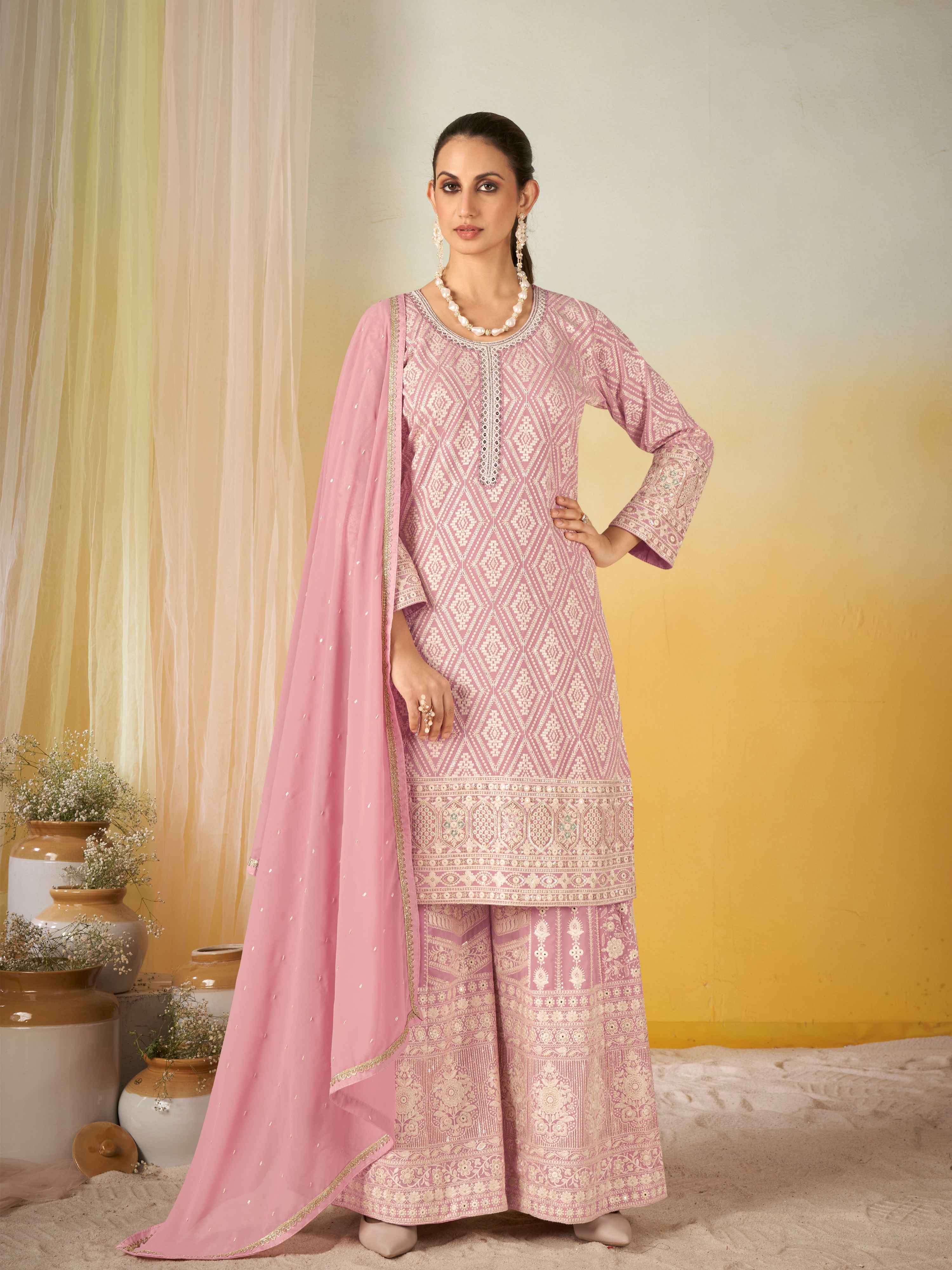 Designer Real Georgette Embroidered Kurti Palazzo Set with Dupatta