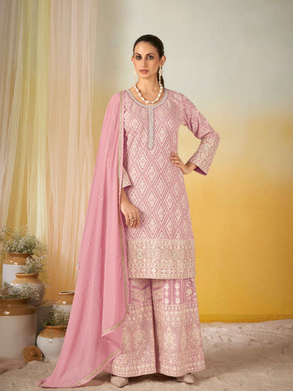 Designer Real Georgette Embroidered Kurti Palazzo Set with Dupatta