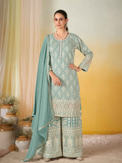 Designer Real Georgette Embroidered Kurti Palazzo Set with Dupatta