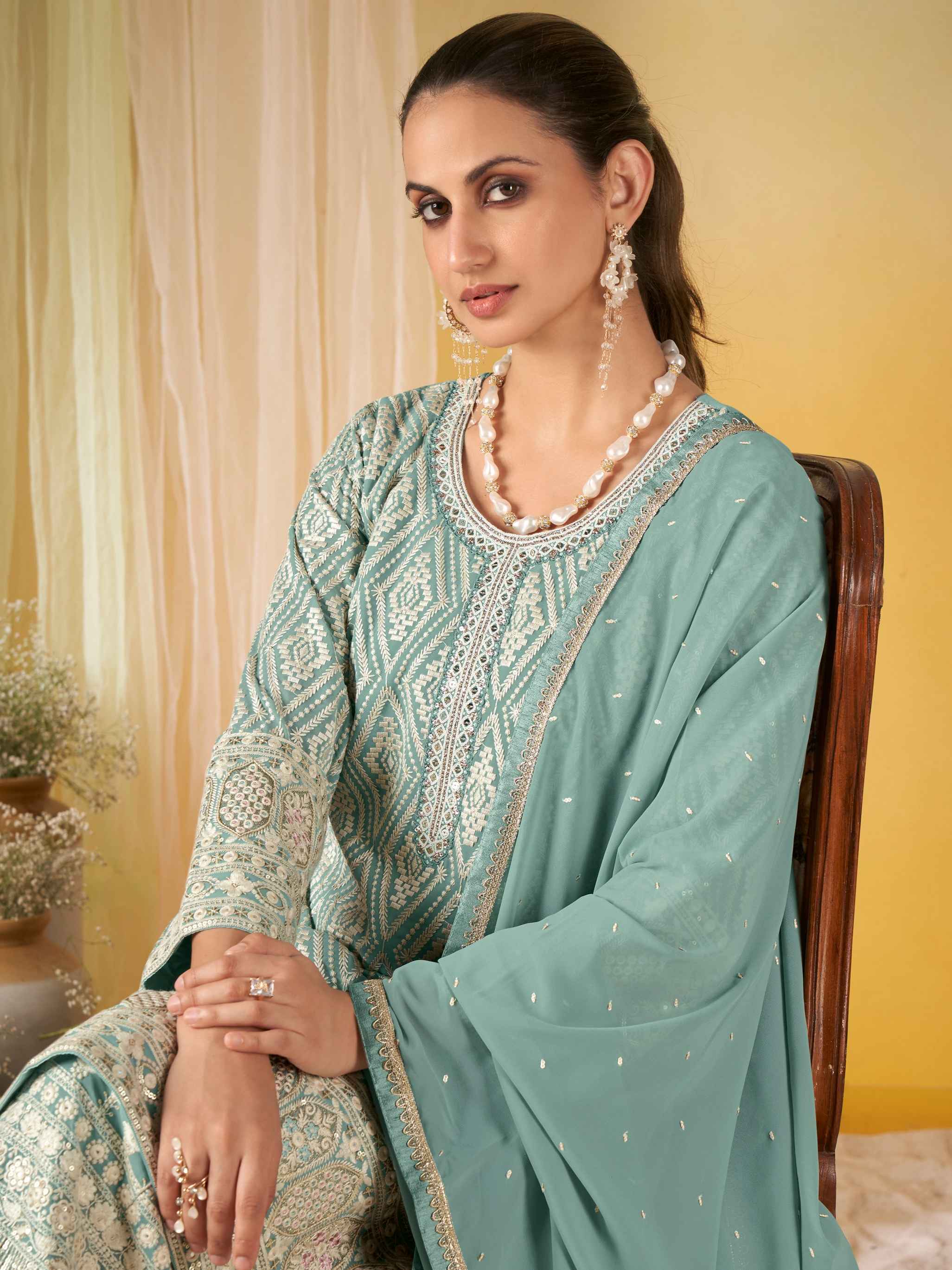Designer Real Georgette Embroidered Kurti Palazzo Set with Dupatta