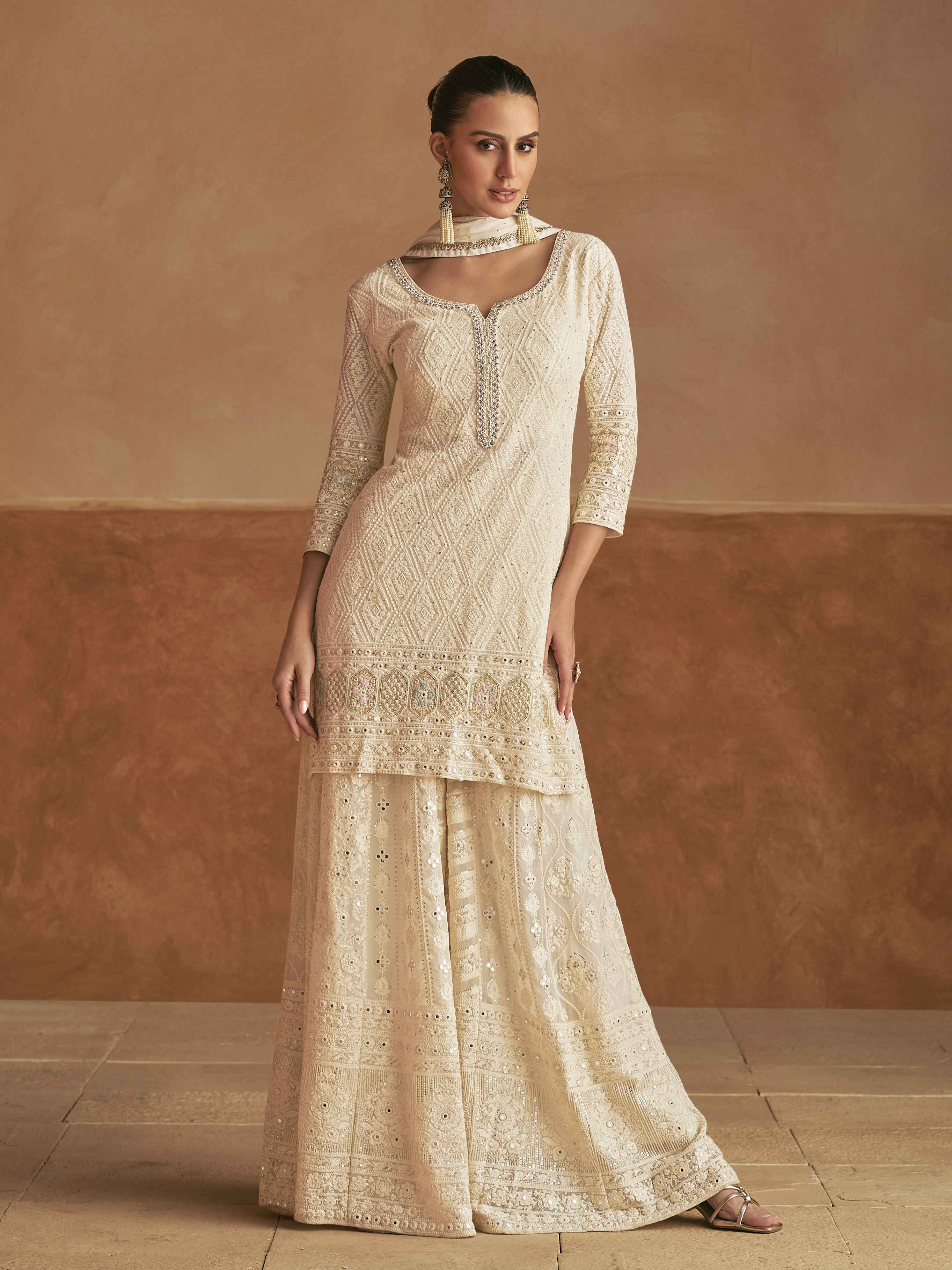 Designer Real Georgette Embroidered Kurti Palazzo Set with Dupatta