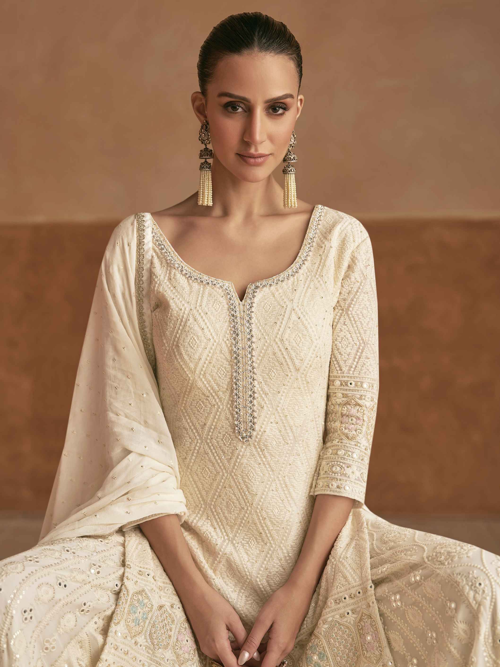 Designer Real Georgette Embroidered Kurti Palazzo Set with Dupatta