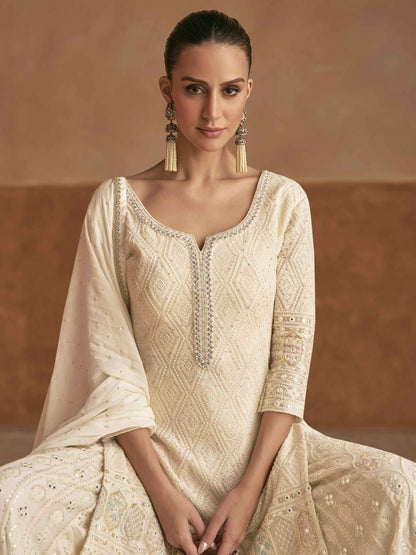 Designer Real Georgette Embroidered Kurti Palazzo Set with Dupatta