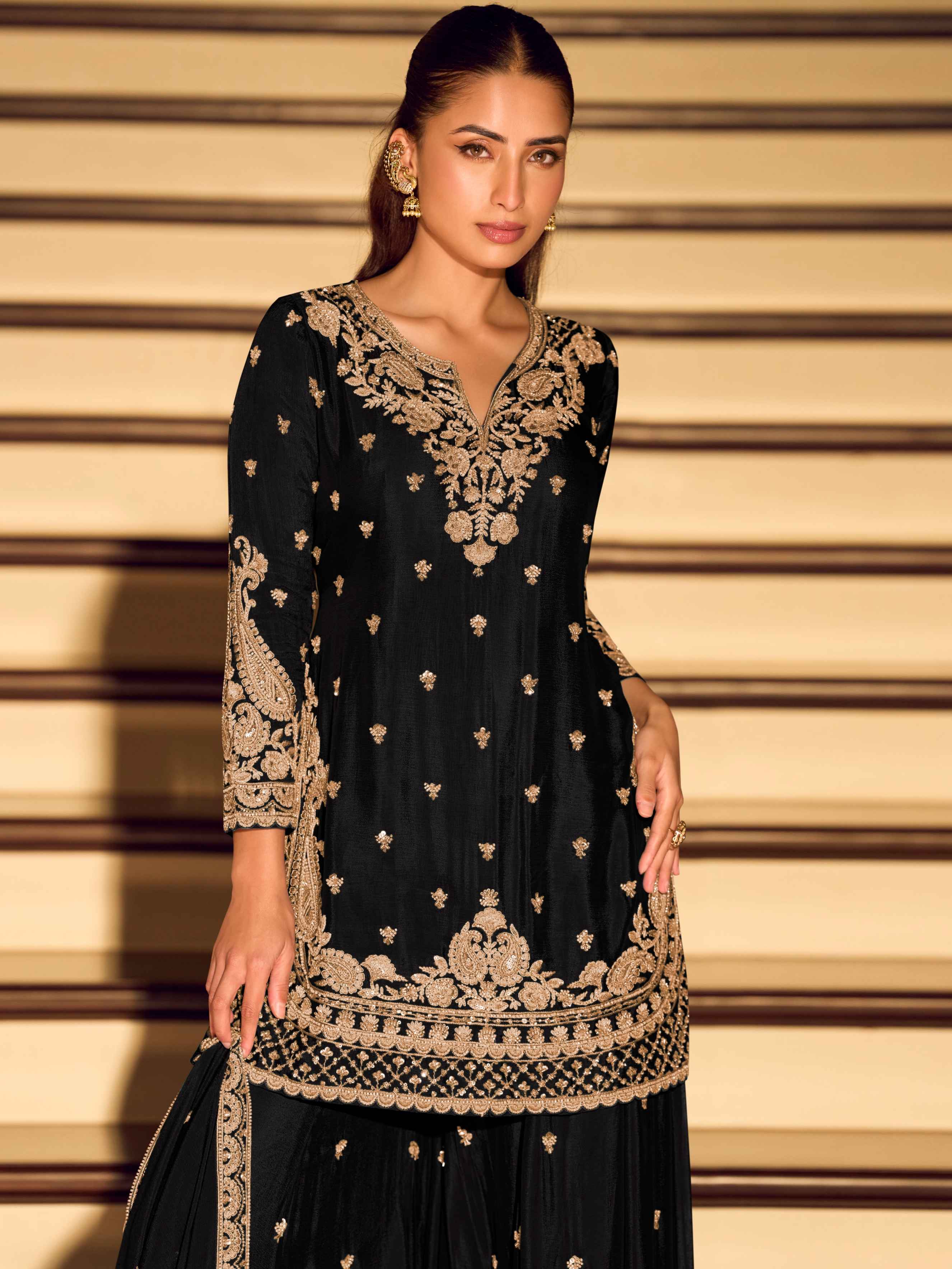 Beads Embroidered Chinon Silk Sharara Suit with Dupatta