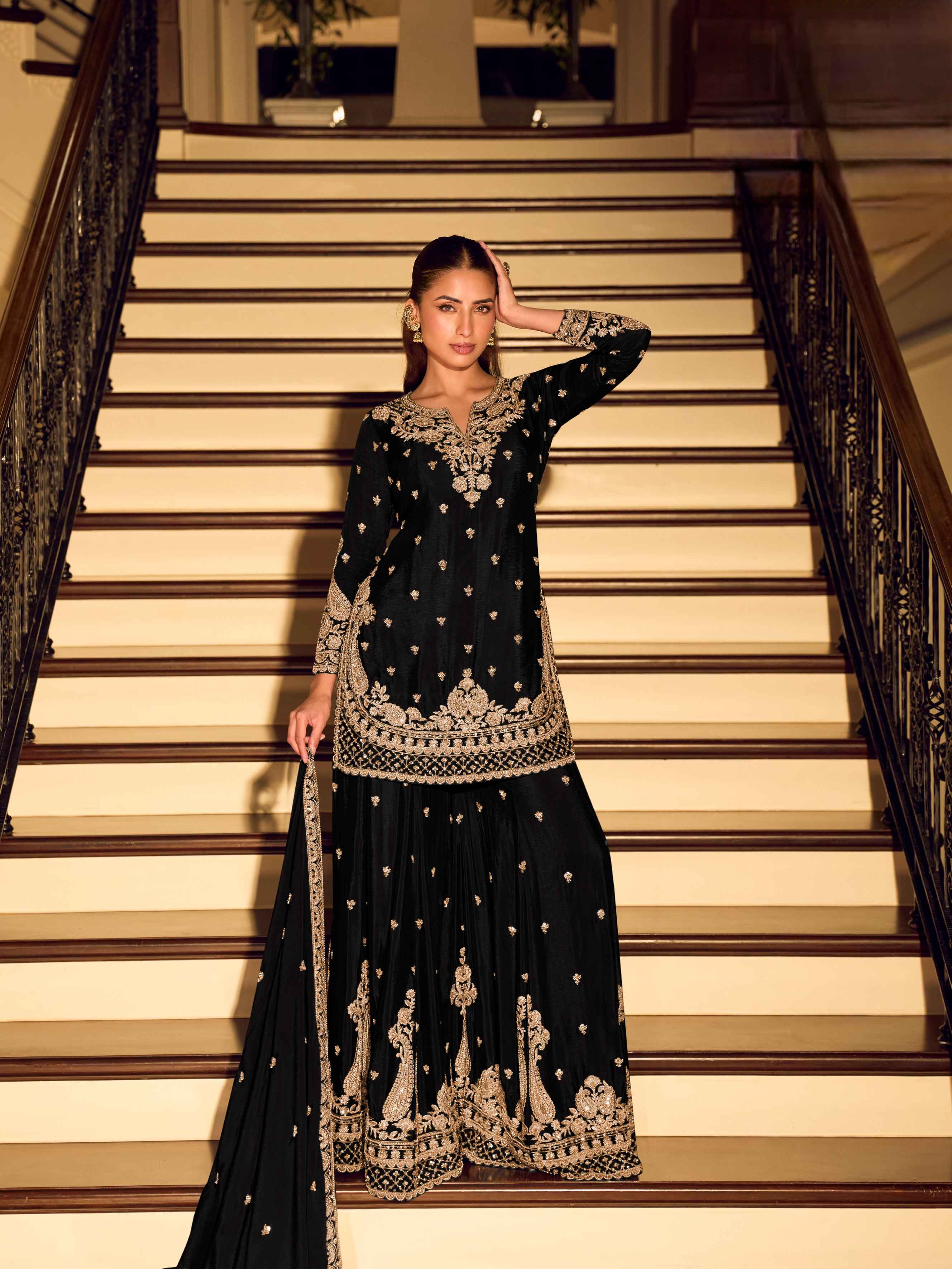 Beads Embroidered Chinon Silk Sharara Suit with Dupatta