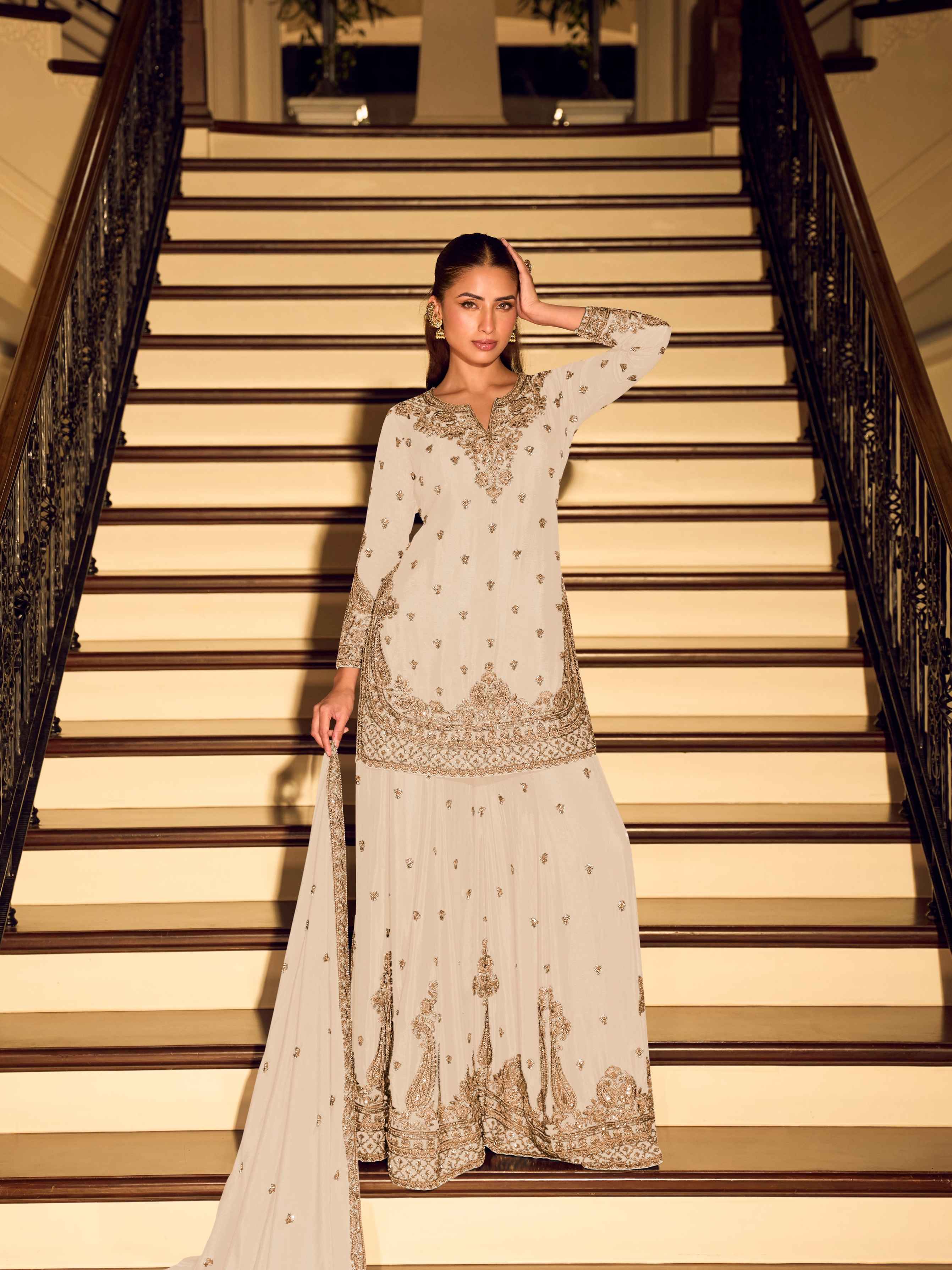 Beads Embroidered Chinon Silk Sharara Suit with Dupatta