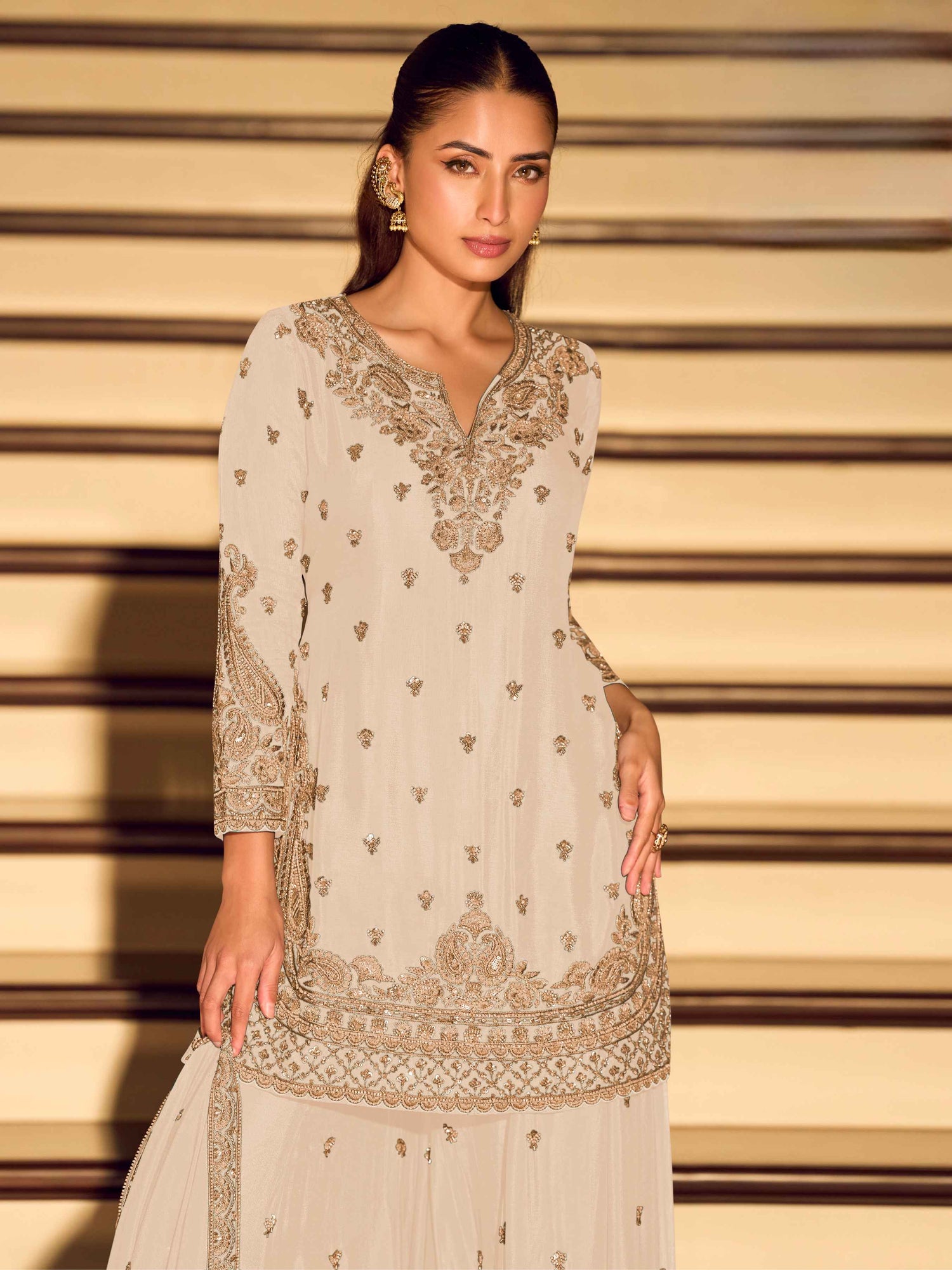 Beads Embroidered Chinon Silk Sharara Suit with Dupatta