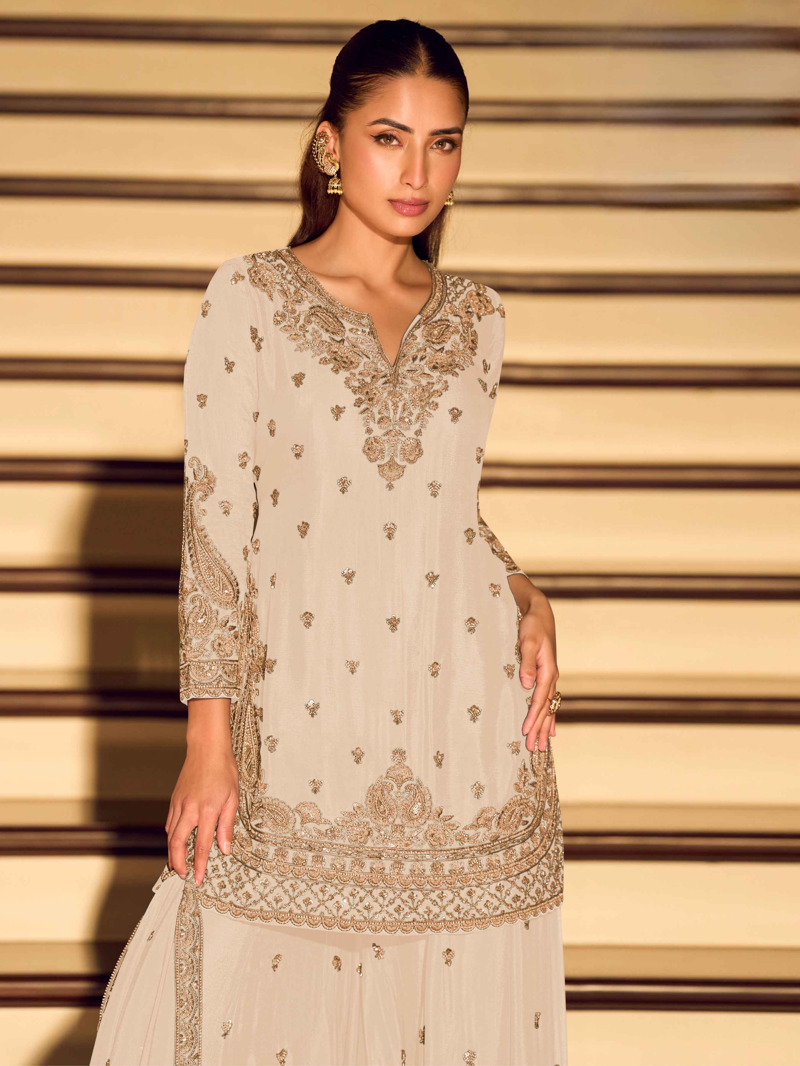 Beads Embroidered Chinon Silk Sharara Suit with Dupatta