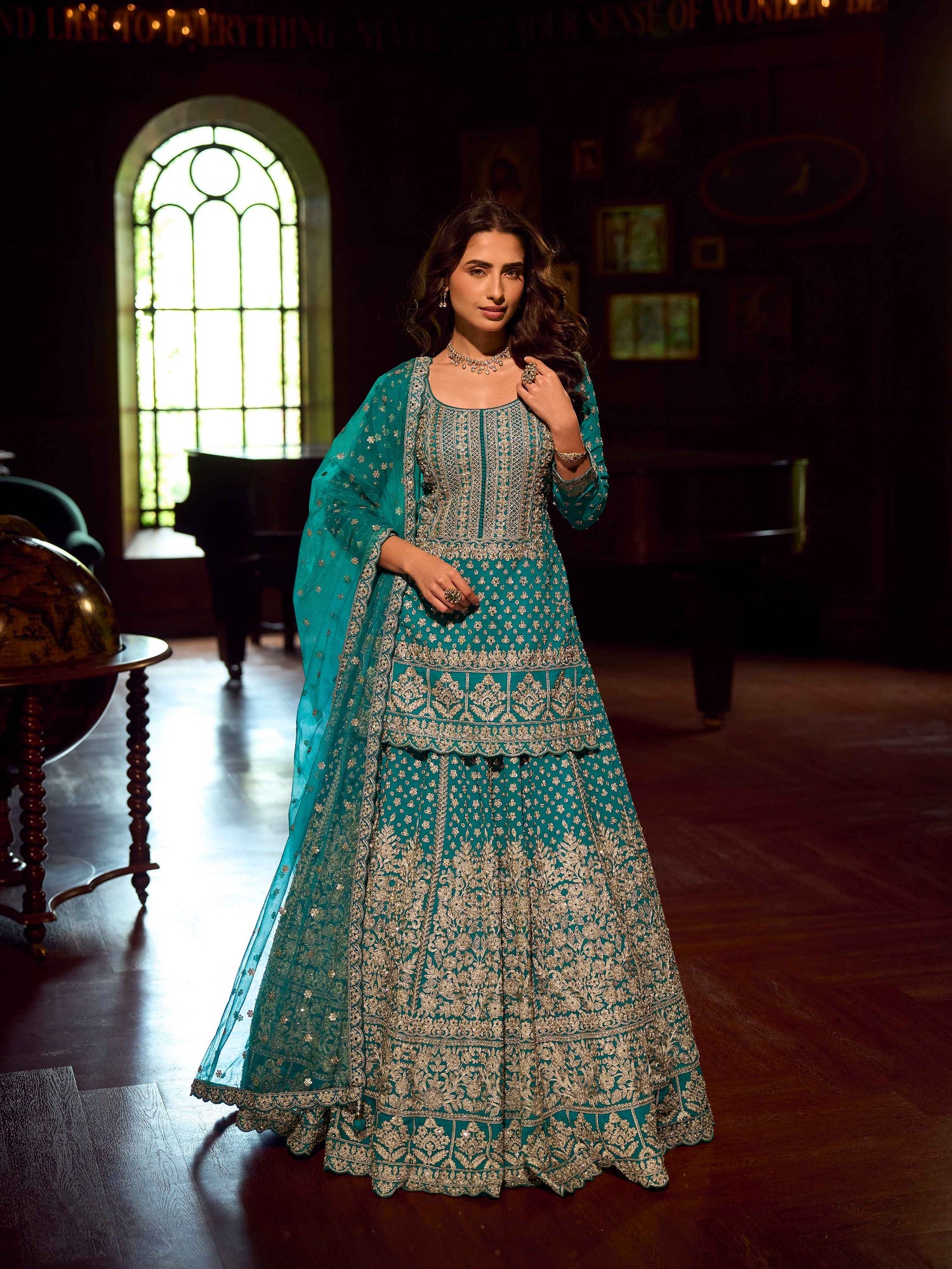 Teal Blue Mirror Embroidered Georgette Lehenga Set with Dupatta