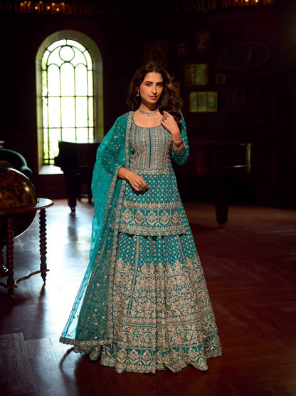 Teal Blue Mirror Embroidered Georgette Lehenga Set with Dupatta