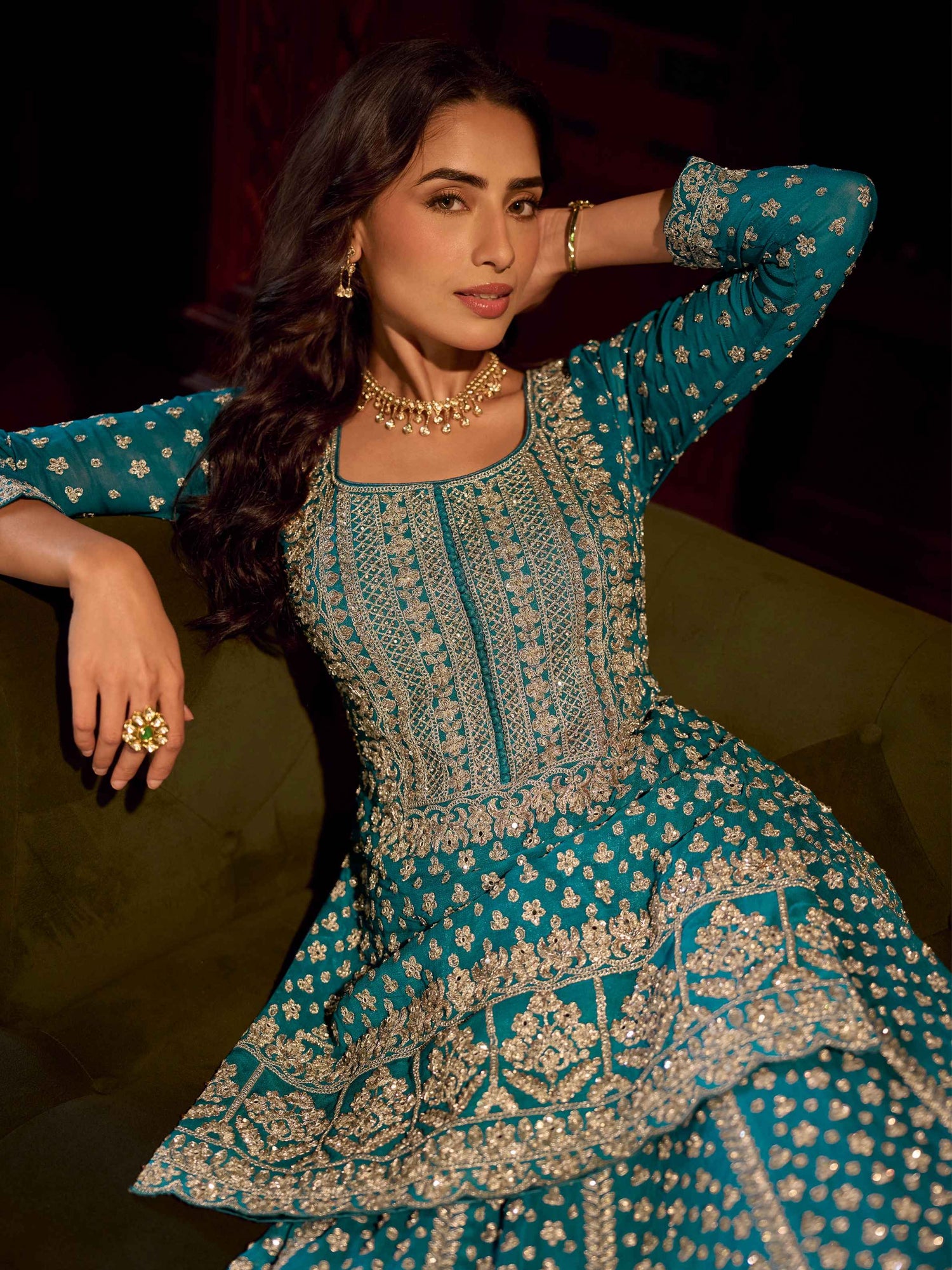 Teal Blue Mirror Embroidered Georgette Lehenga Set with Dupatta