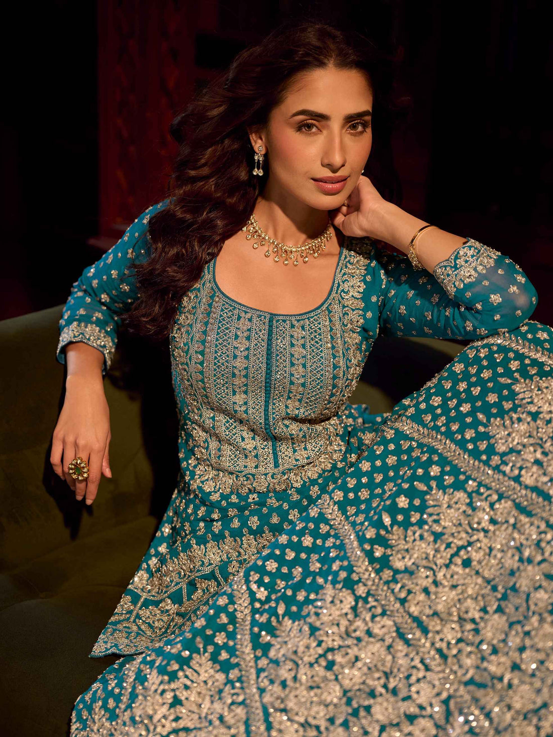 Teal Blue Mirror Embroidered Georgette Lehenga Set with Dupatta