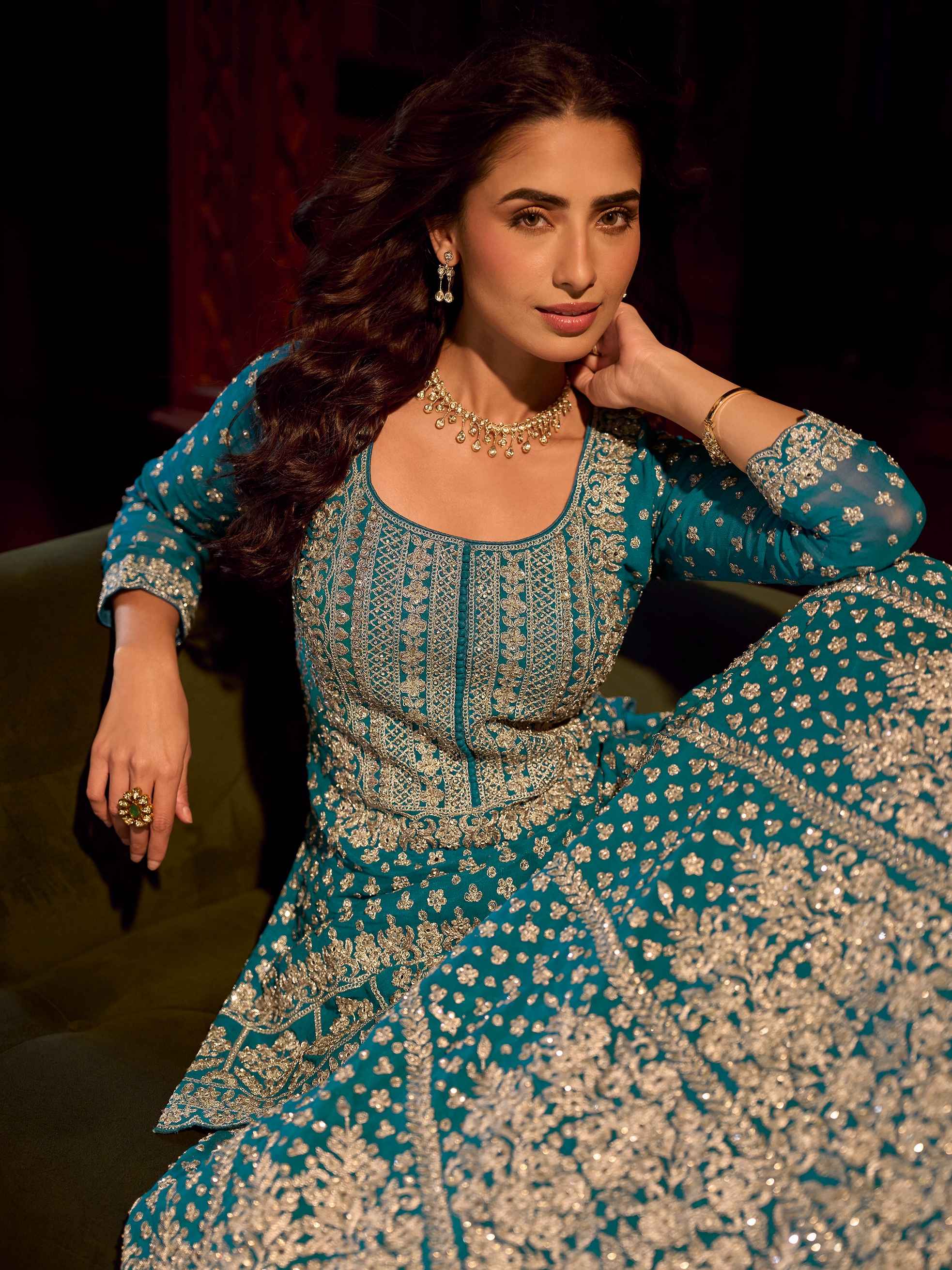 Teal Blue Mirror Embroidered Georgette Lehenga Set with Dupatta