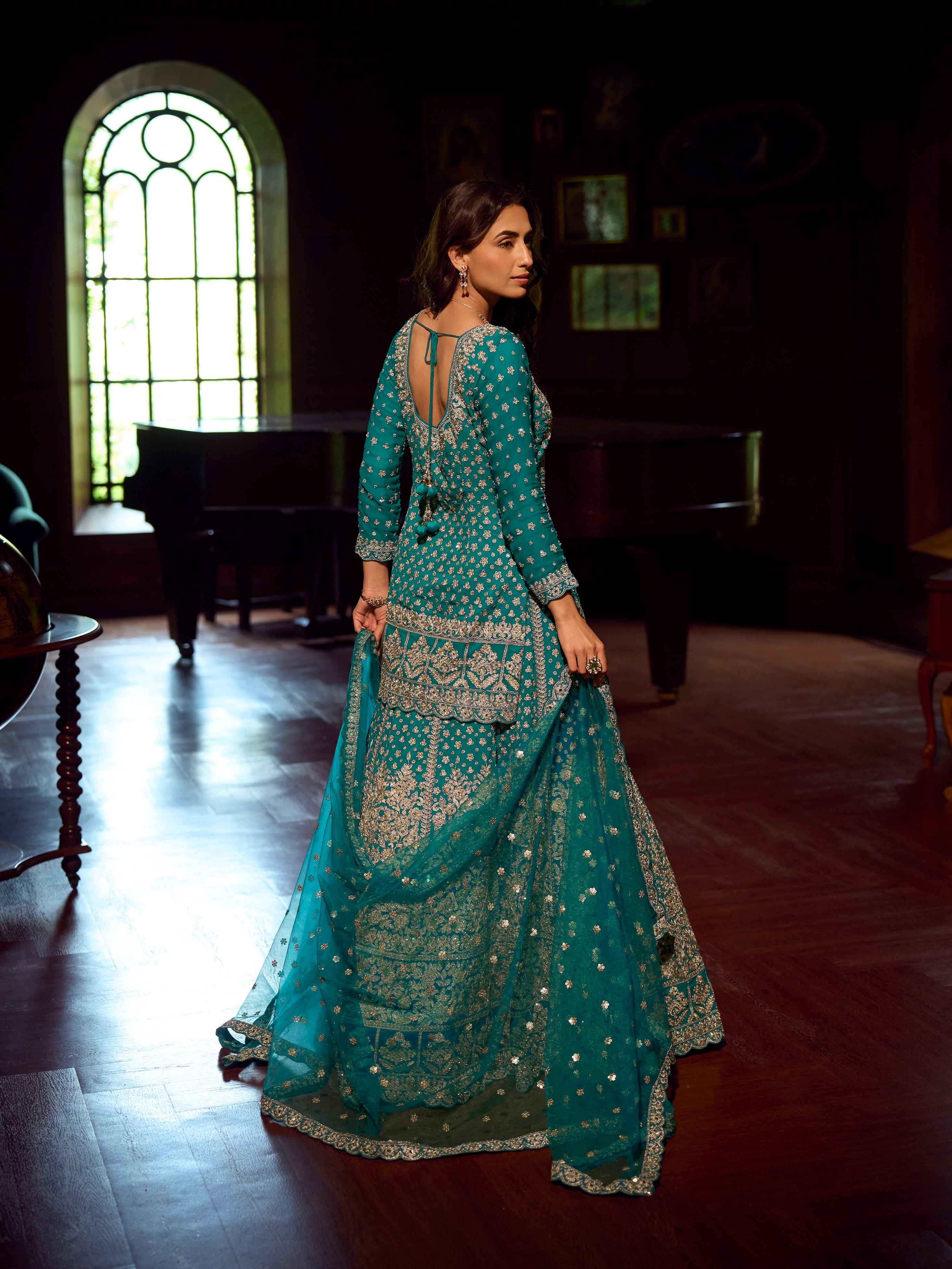 Teal Blue Mirror Embroidered Georgette Lehenga Set with Dupatta