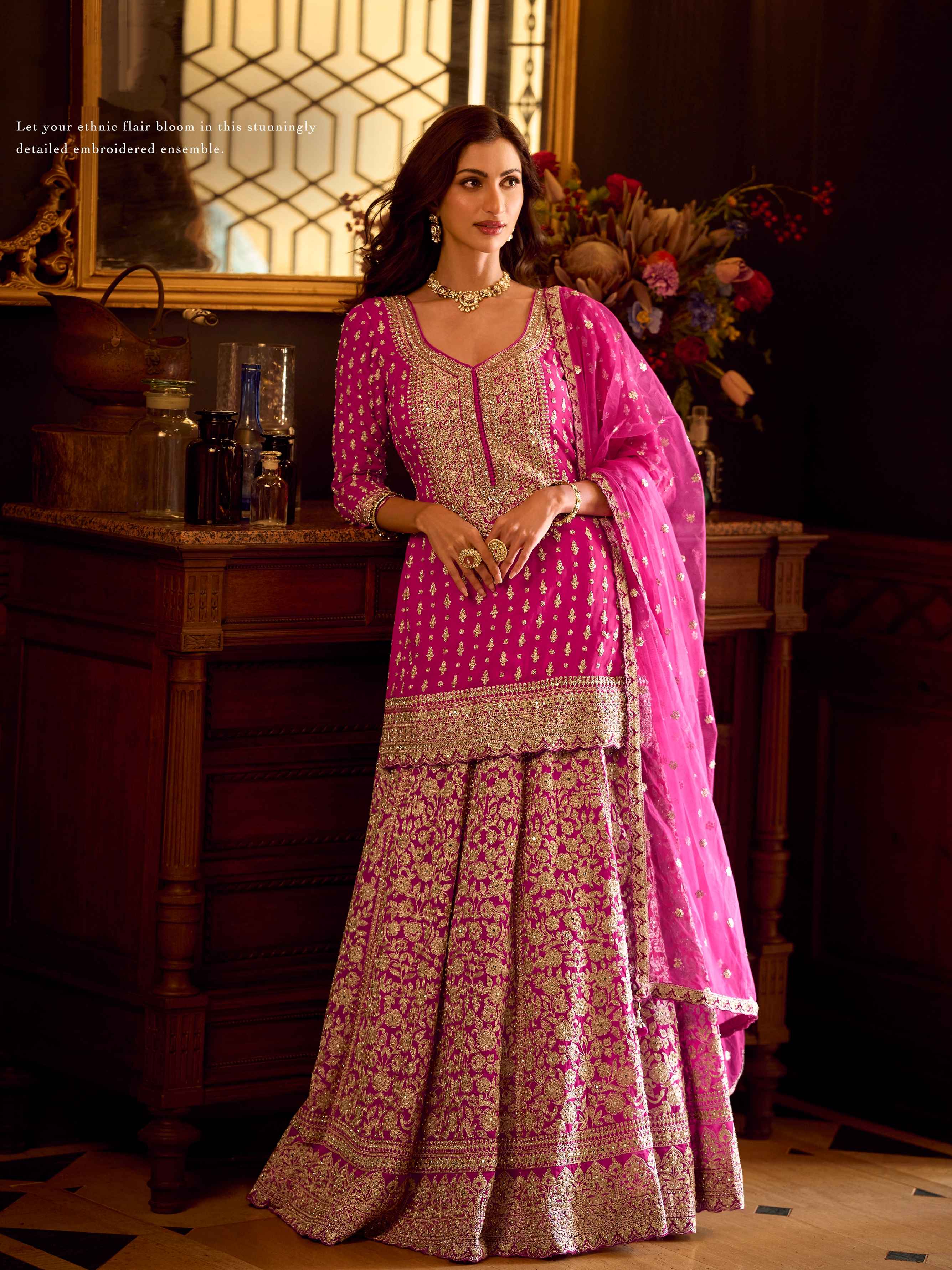 Rani Pink Mirror Work Georgette Lehenga Set with Embroidered Dupatta