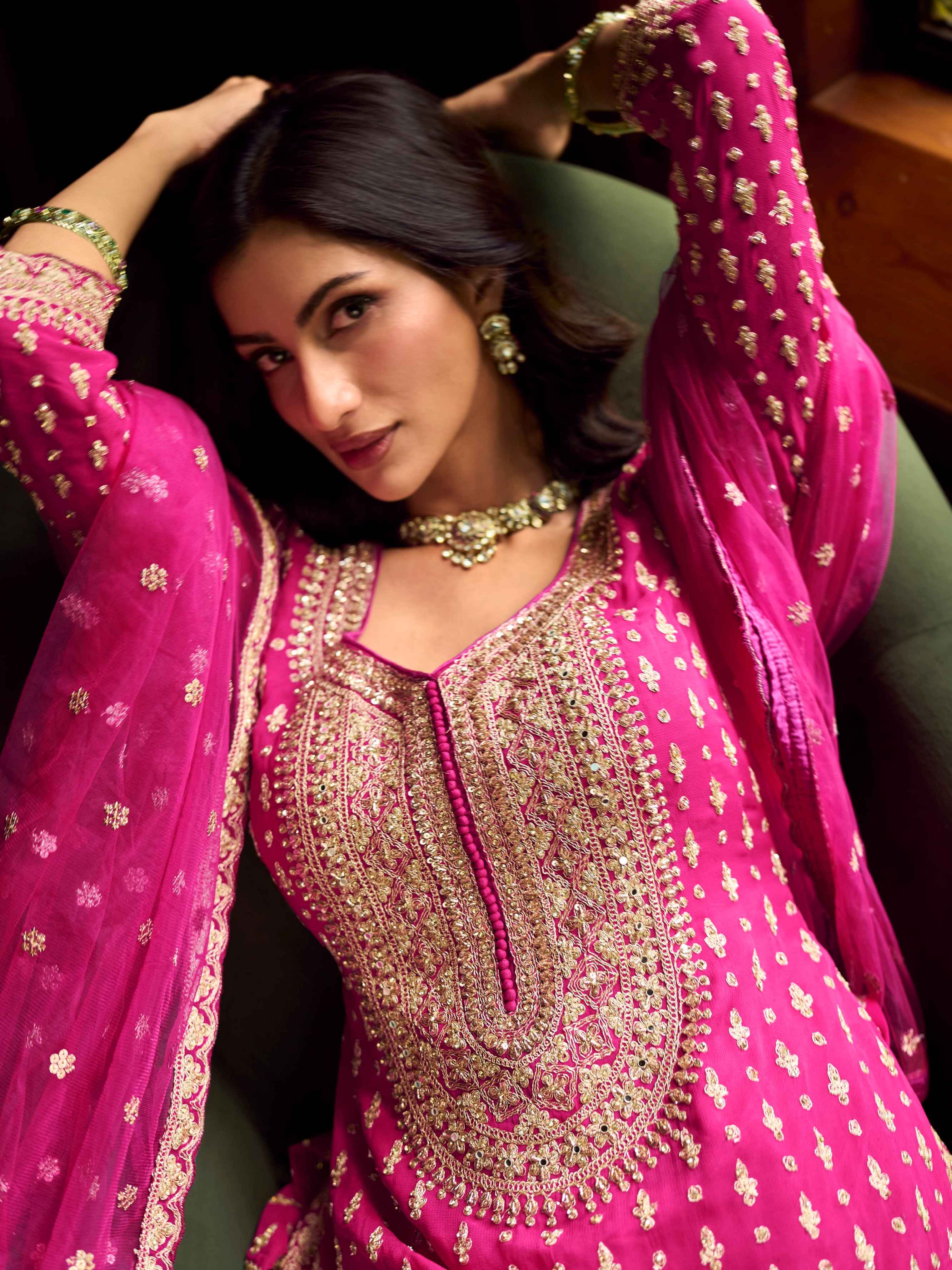 Rani Pink Mirror Work Georgette Lehenga Set with Embroidered Dupatta