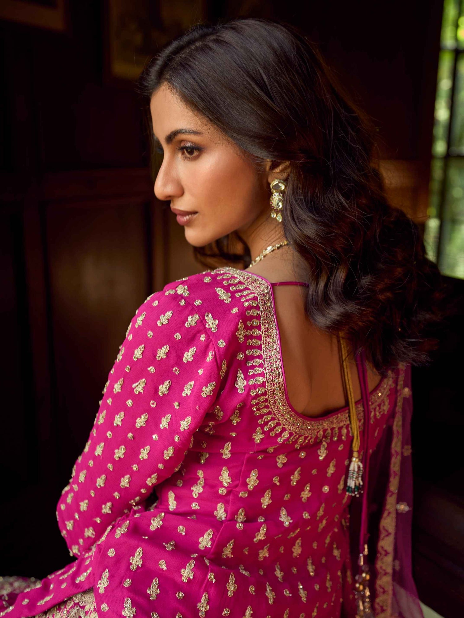 Rani Pink Mirror Work Georgette Lehenga Set with Embroidered Dupatta