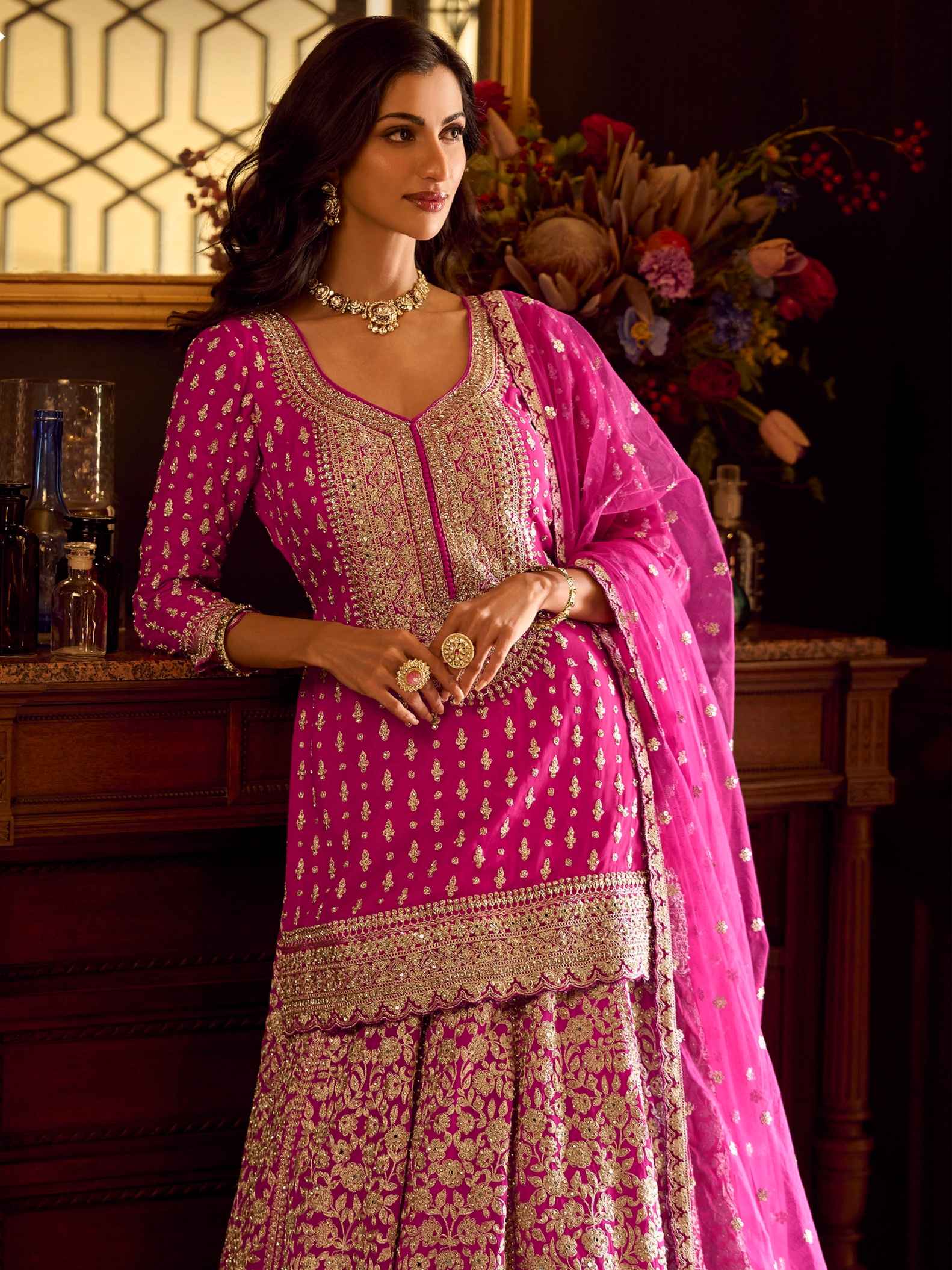 Rani Pink Mirror Work Georgette Lehenga Set with Embroidered Dupatta