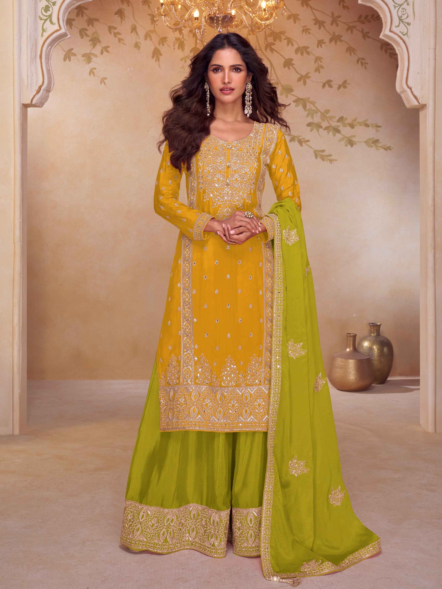 Designer Chinon A-Line Embroidered Kurti Palazzo Set with Dupatta