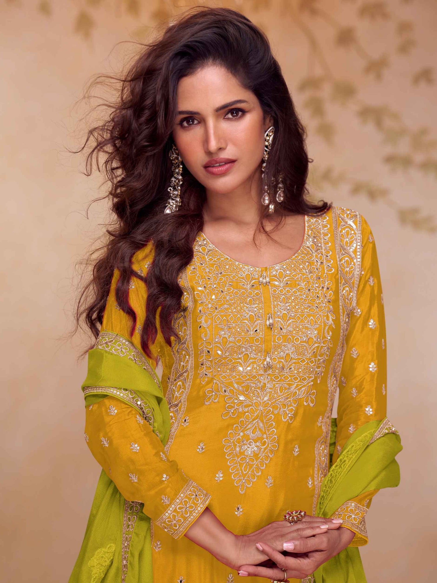 Designer Chinon A-Line Embroidered Kurti Palazzo Set with Dupatta