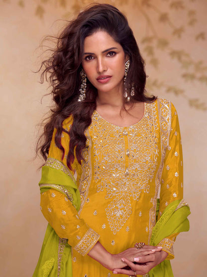 Designer Chinon A-Line Embroidered Kurti Palazzo Set with Dupatta