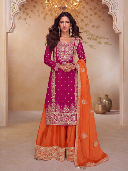 Designer Chinon A-Line Embroidered Kurti Palazzo Set with Dupatta