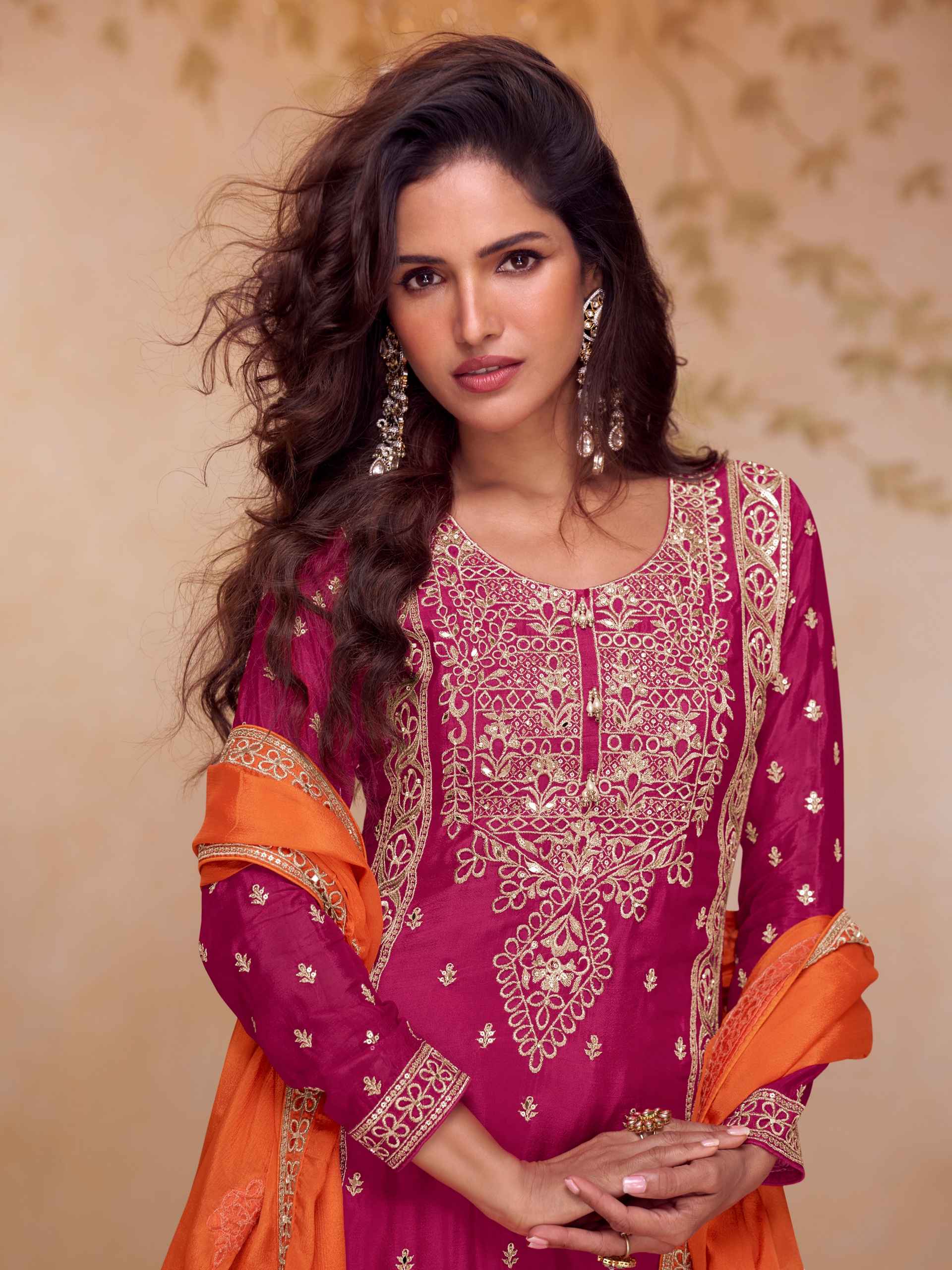 Designer Chinon A-Line Embroidered Kurti Palazzo Set with Dupatta