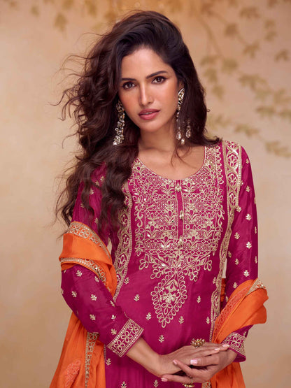 Designer Chinon A-Line Embroidered Kurti Palazzo Set with Dupatta