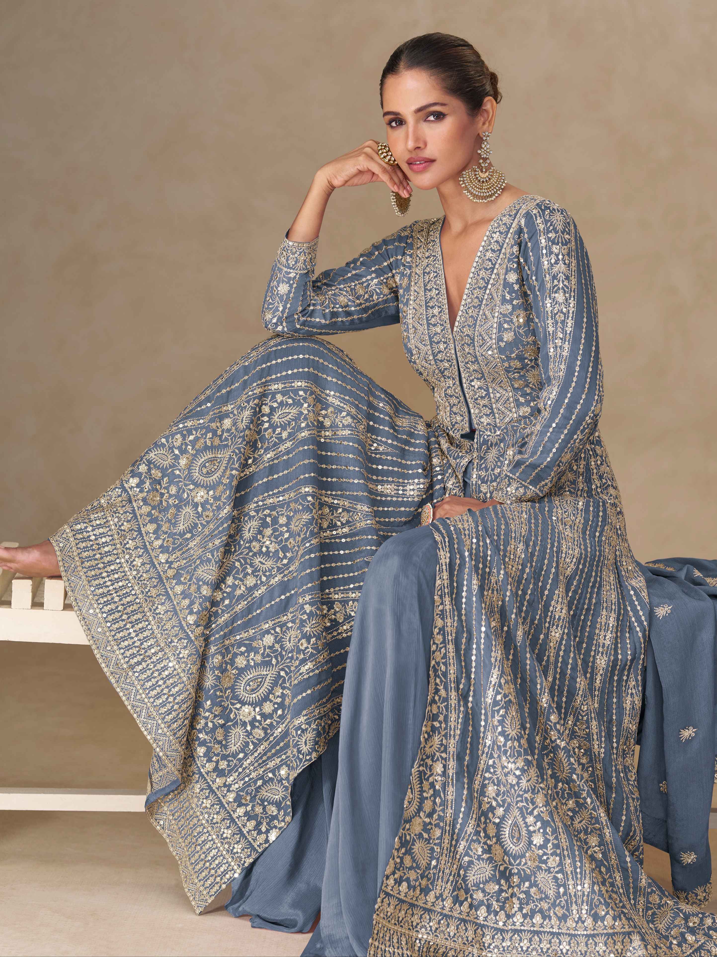 Designer Premium Chinnon Silk Embroidered Anarkali Suit with Dupatta