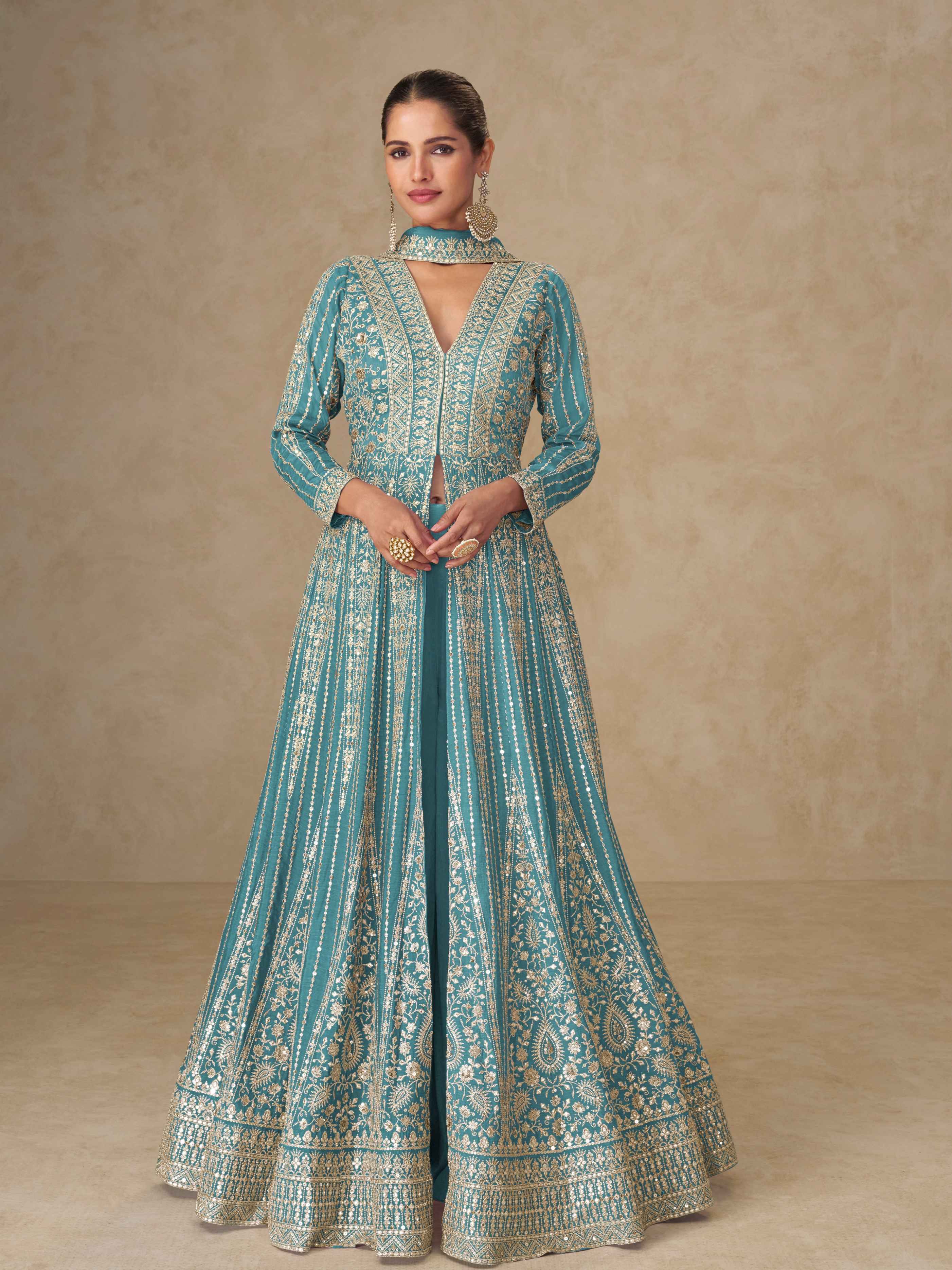 Designer Premium Chinnon Silk Embroidered Anarkali Suit with Dupatta