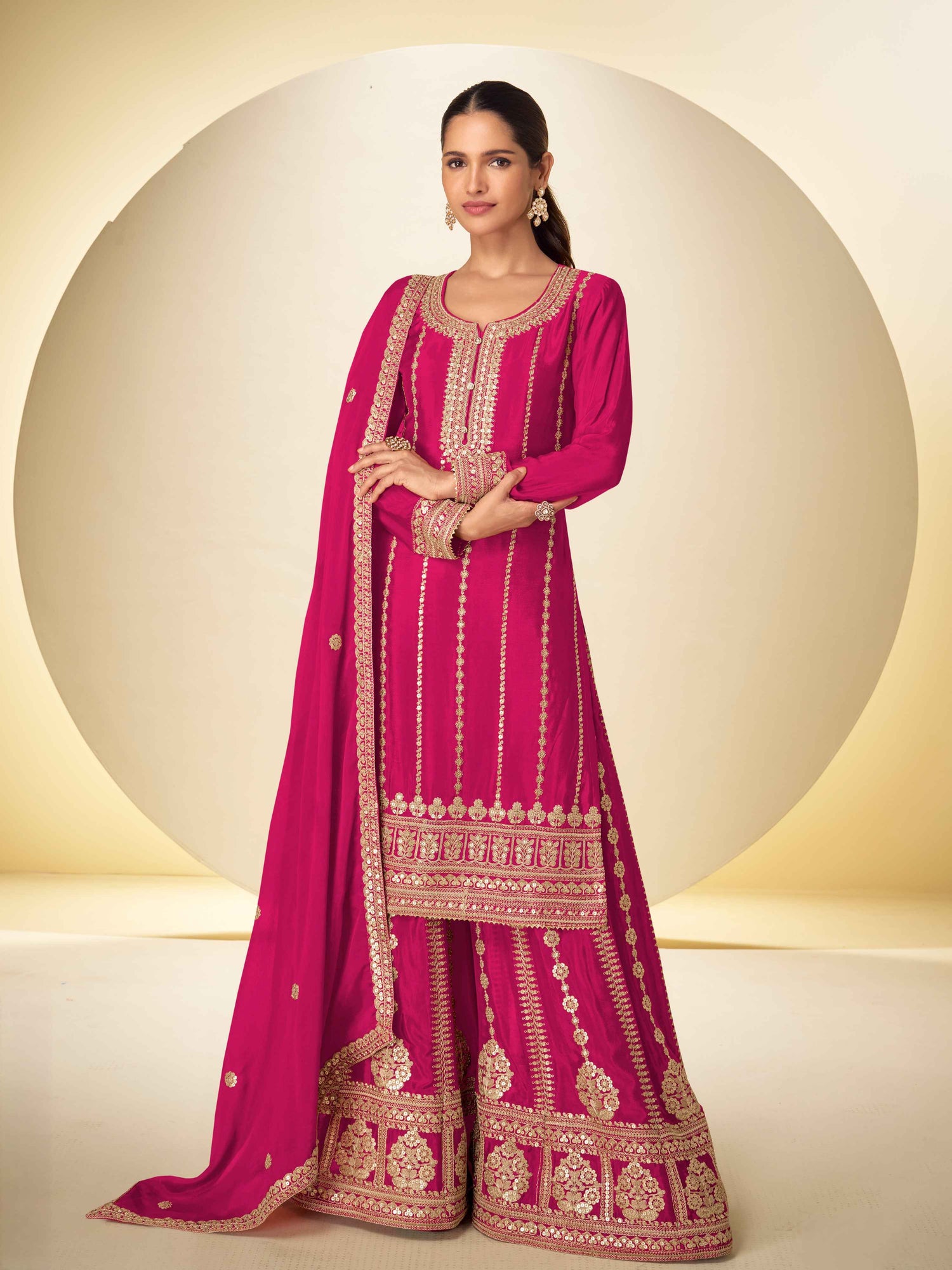 Designer Real Chinon Embroidered Kurti Palazzo Set with Dupatta