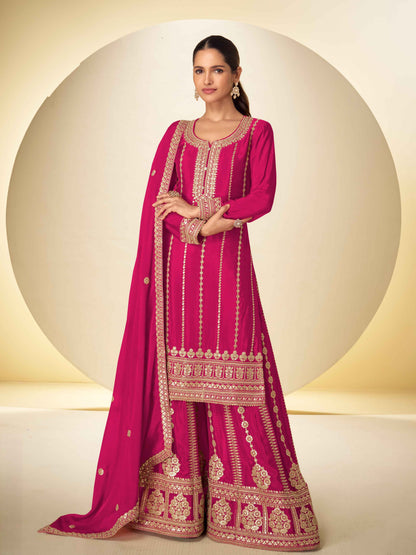 Designer Real Chinon Embroidered Kurti Palazzo Set with Dupatta
