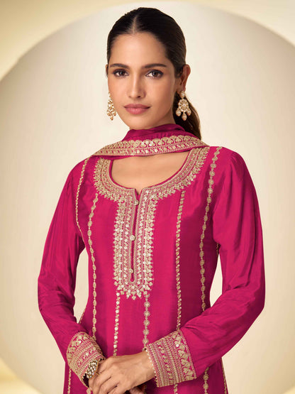 Designer Real Chinon Embroidered Kurti Palazzo Set with Dupatta