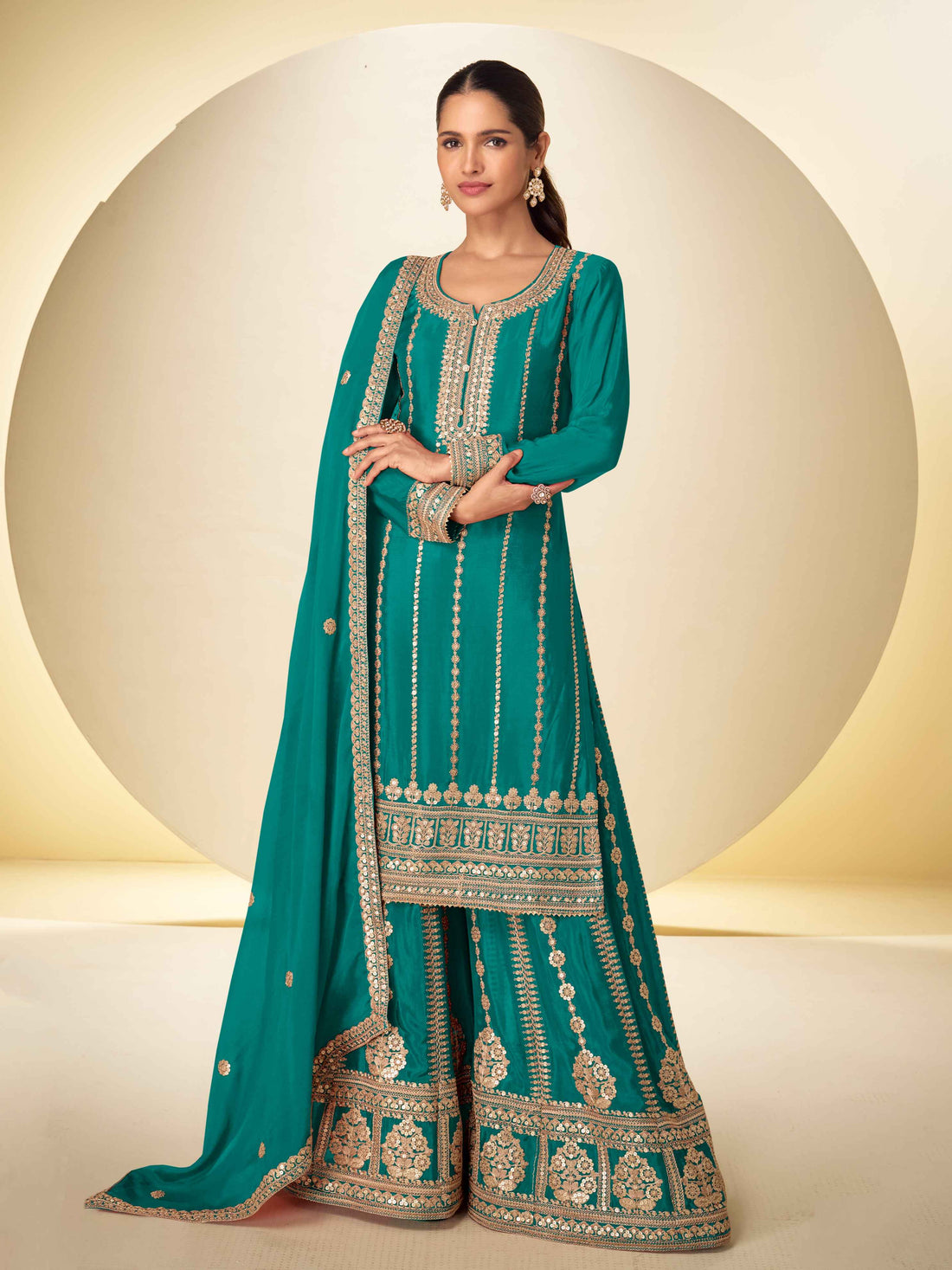 Designer Real Chinon Embroidered Kurti Palazzo Set with Dupatta