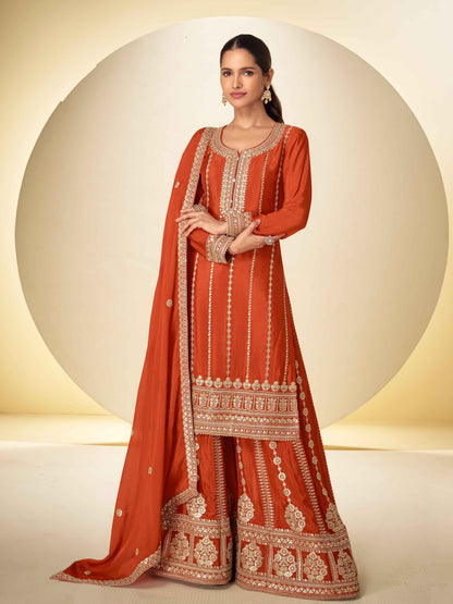 Designer Real Chinon Embroidered Kurti Palazzo Set with Dupatta