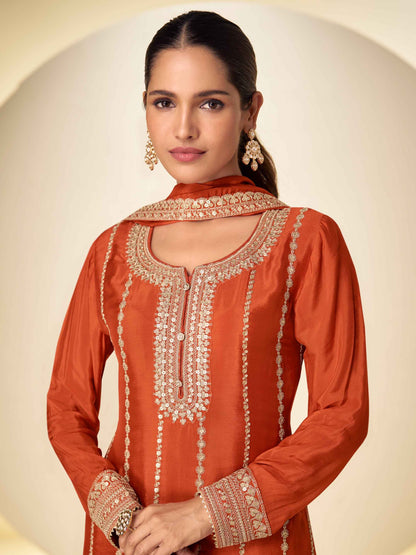 Designer Real Chinon Embroidered Kurti Palazzo Set with Dupatta
