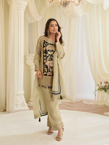 Beige Beads Embroidered Simar Silk Kurti Palazzo Set