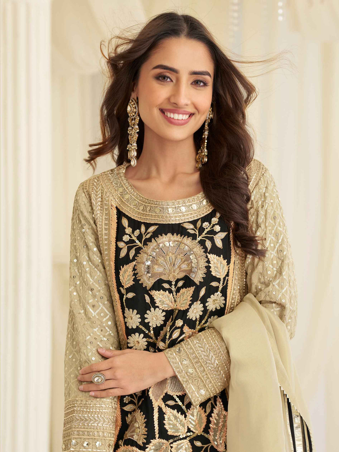 Beige Beads Embroidered Simar Silk Kurti Palazzo Set