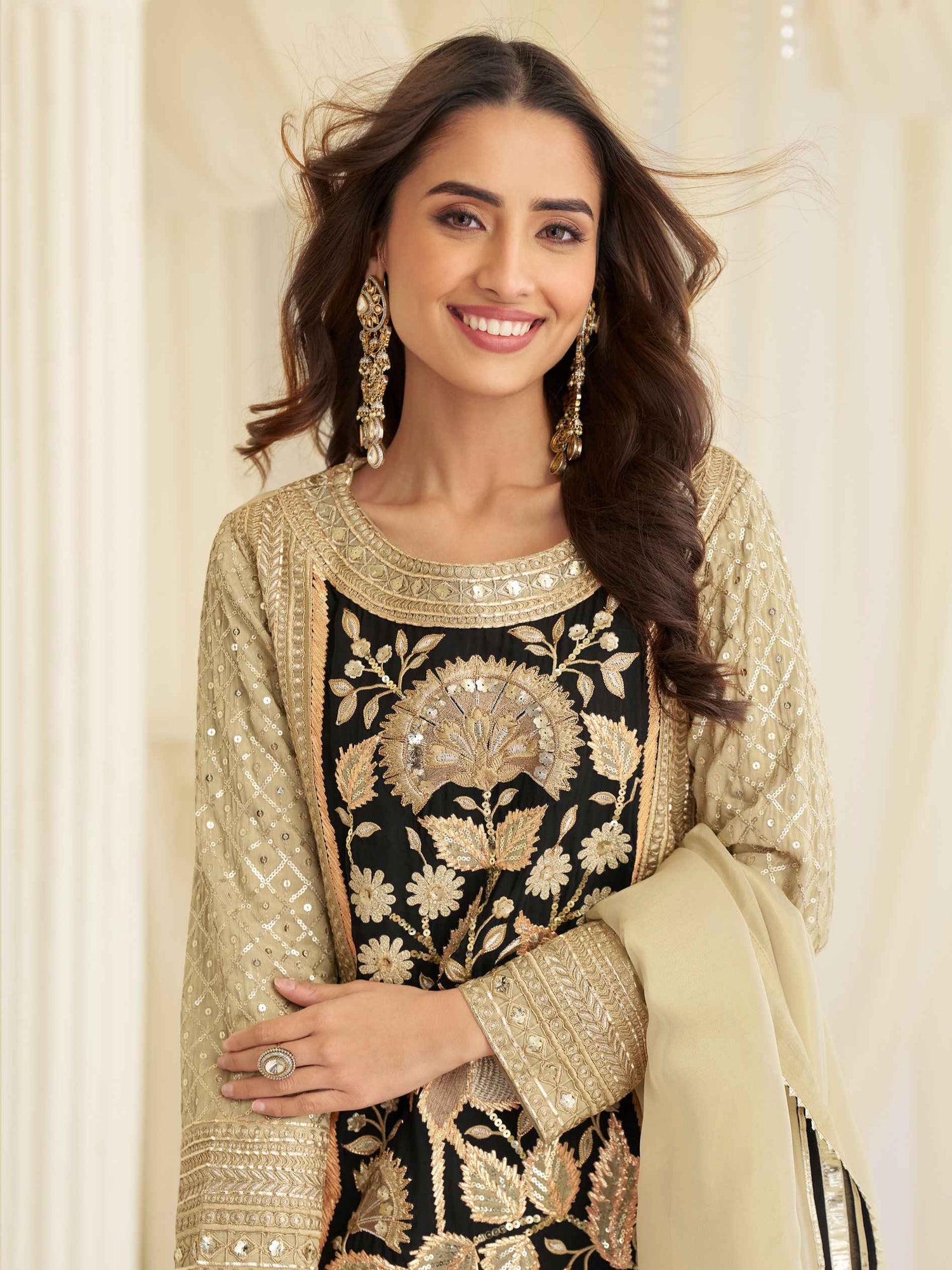 Beige Beads Embroidered Simar Silk Kurti Palazzo Set