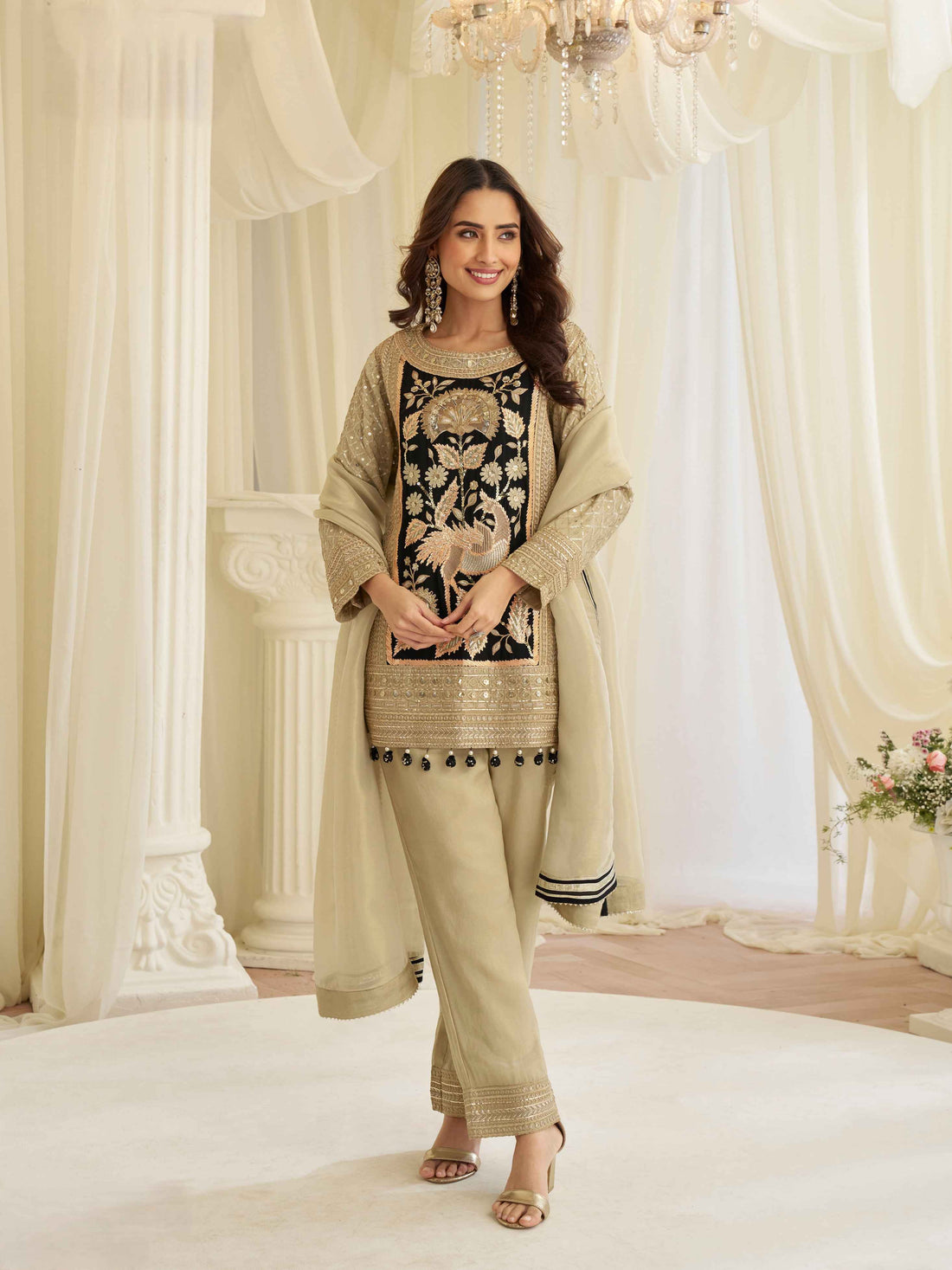 Beige Beads Embroidered Simar Silk Kurti Palazzo Set