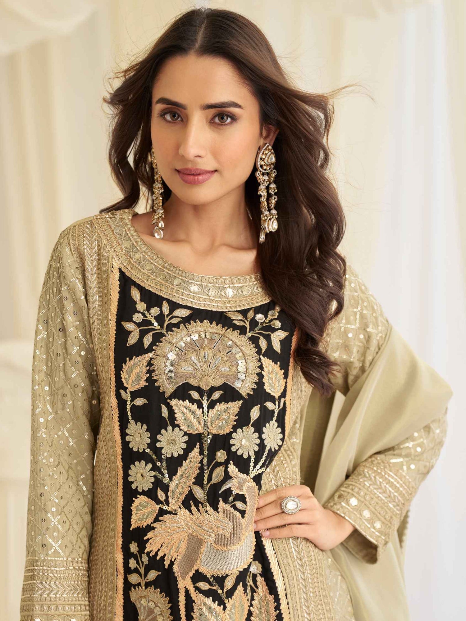Beige Beads Embroidered Simar Silk Kurti Palazzo Set
