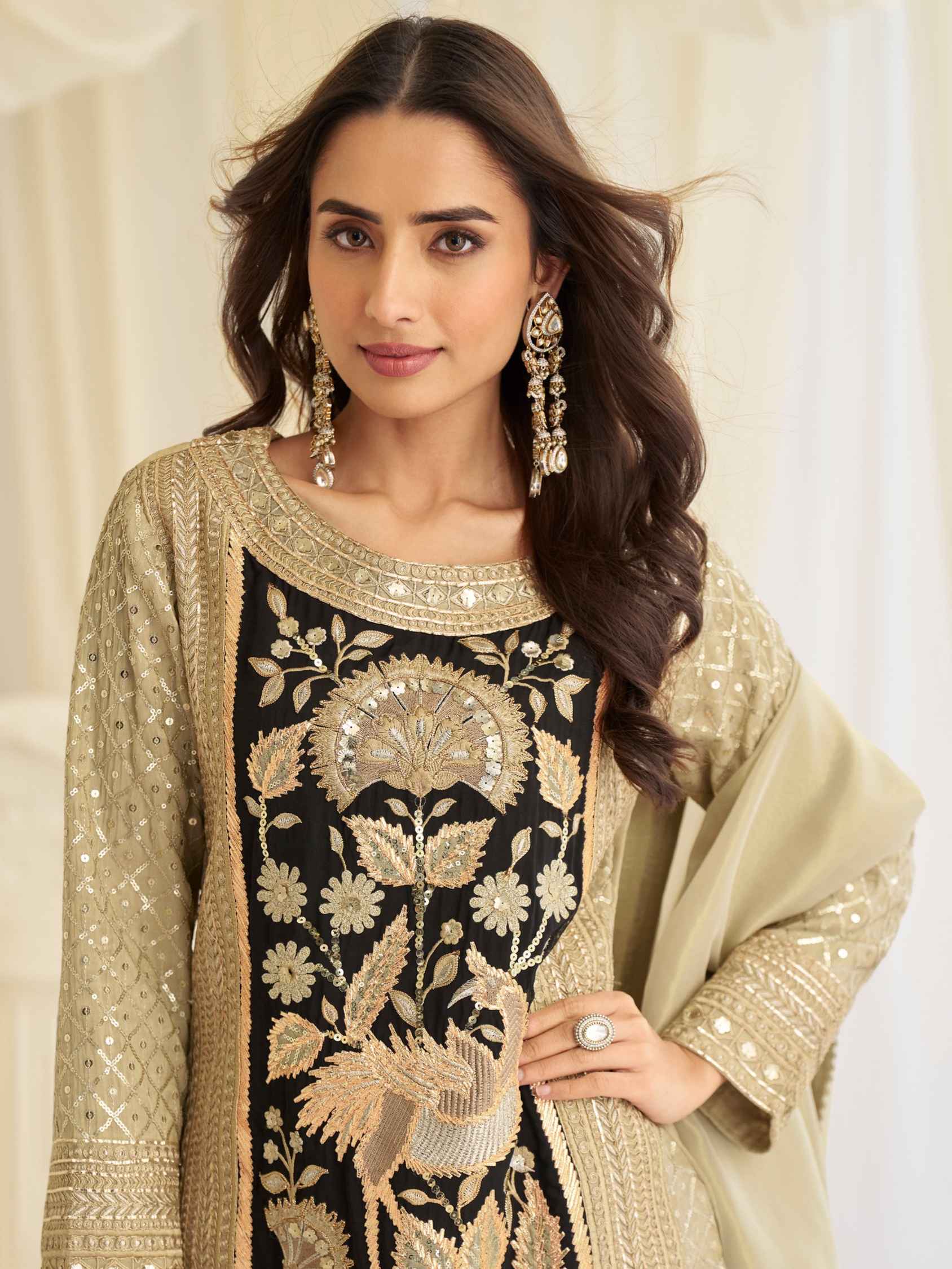 Beige Beads Embroidered Simar Silk Kurti Palazzo Set