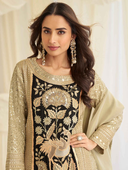 Beige Beads Embroidered Simar Silk Kurti Palazzo Set